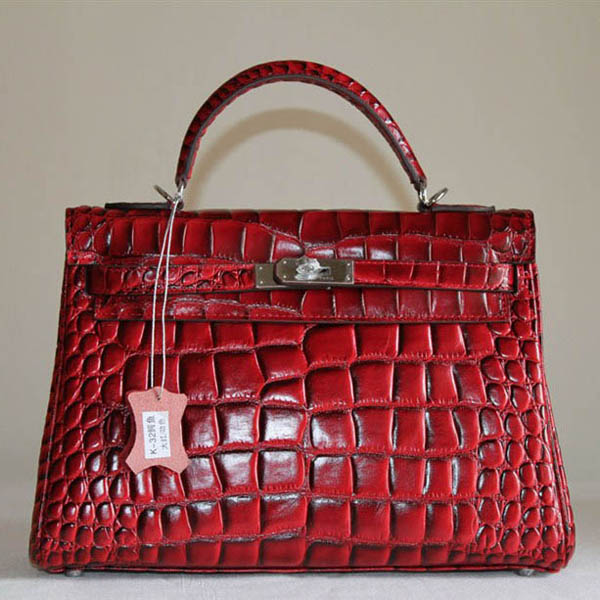 7A Replica Hermes Kelly 32cm Crocodile Veins Leather Bag Red HC0001 (3)